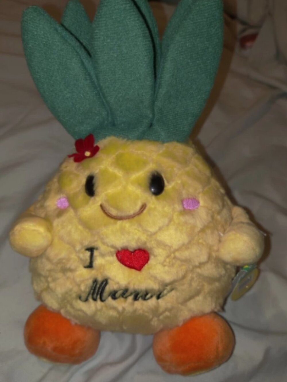 Hawaiian Pineapple Plush Doll -9", ( I Love Maui) Plumeria Flower, Yellow, Large